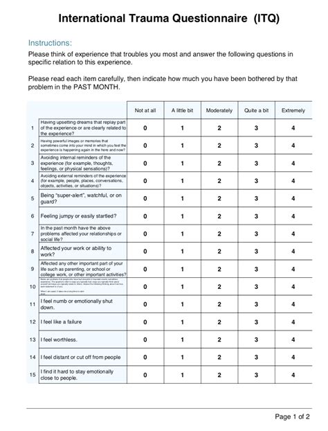 The International <b>Trauma</b> <b>Questionnaire</b> The International <b>Trauma</b> <b>Questionnaire</b> (ITQ): Development of a <b>self-report</b> measure of ICD-11 PTSD and <b>Complex</b> PTSD Introduction The World Health Organization (WHO) published the 11th revision of the International Classification of Diseases (ICD-11) in 2018; the first major revision to the ICD in 26 years (1). . Complex trauma questionnaire selfreport